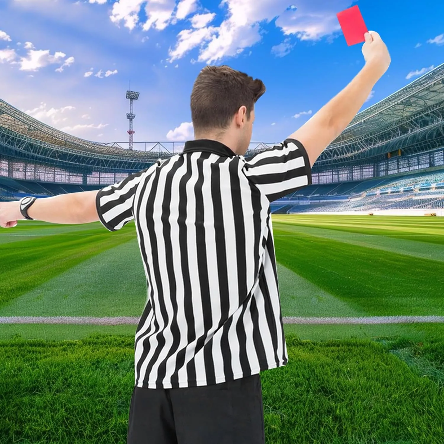 Mprocen 5Pcs Men Referee Costume Kit Official Referee Shirt Women Ref Hat Whistle Yellow Penalty Flag for Football Soccer