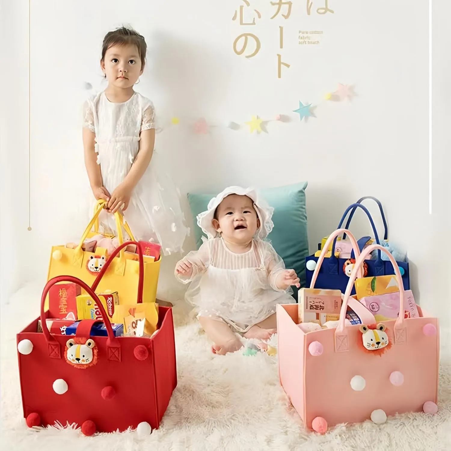 Multi-use Cartoon Portable Felt Tote Bag Gift For Kids Suitable For Baby Shower Birthday Party (21.lawn green medium2)