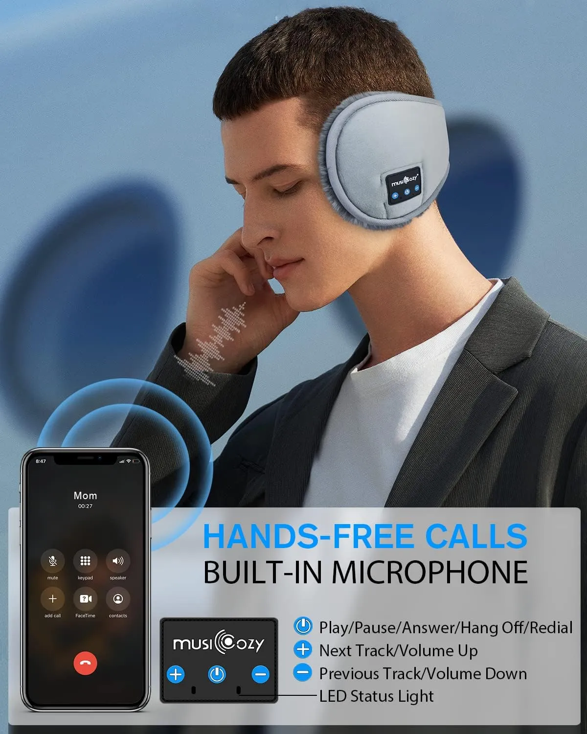 MUSICOZY Bluetooth Headphones Earmuffs Ear Warmers Wireless Headphones Earmuffs, Built-in HD Speakers and Microphone with Carry Bag for Biking Running Cool Tech Gadgets Gifts for Winter(Grey)