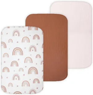 Muslin Bassinet Sheets Compatible with AMKE, Angel Bliss, Baby Joy, Maxi-COSI Baby Bedside Sleeper TansyPanda, 3 Pack, 20×33 in, Ultra Soft, Breathable, Snug Fit, Unisex Boys and Girls, Brown Rainbow