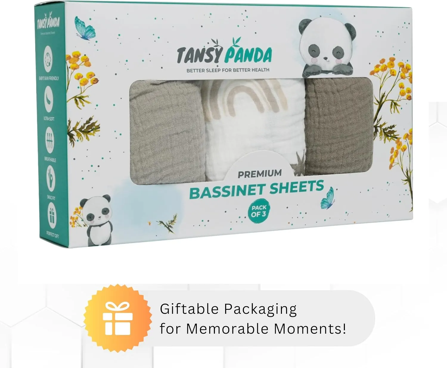 Muslin Bassinet Sheets Compatible with Chicco LullaGo, Dream On Me Skylar, Cloud Baby, Yacul Bedside Sleeper, 3 Pack, 20x32 in, Ultra Soft, Breathable, Snug Fit, Unisex Boys and Girls, Green Rainbow