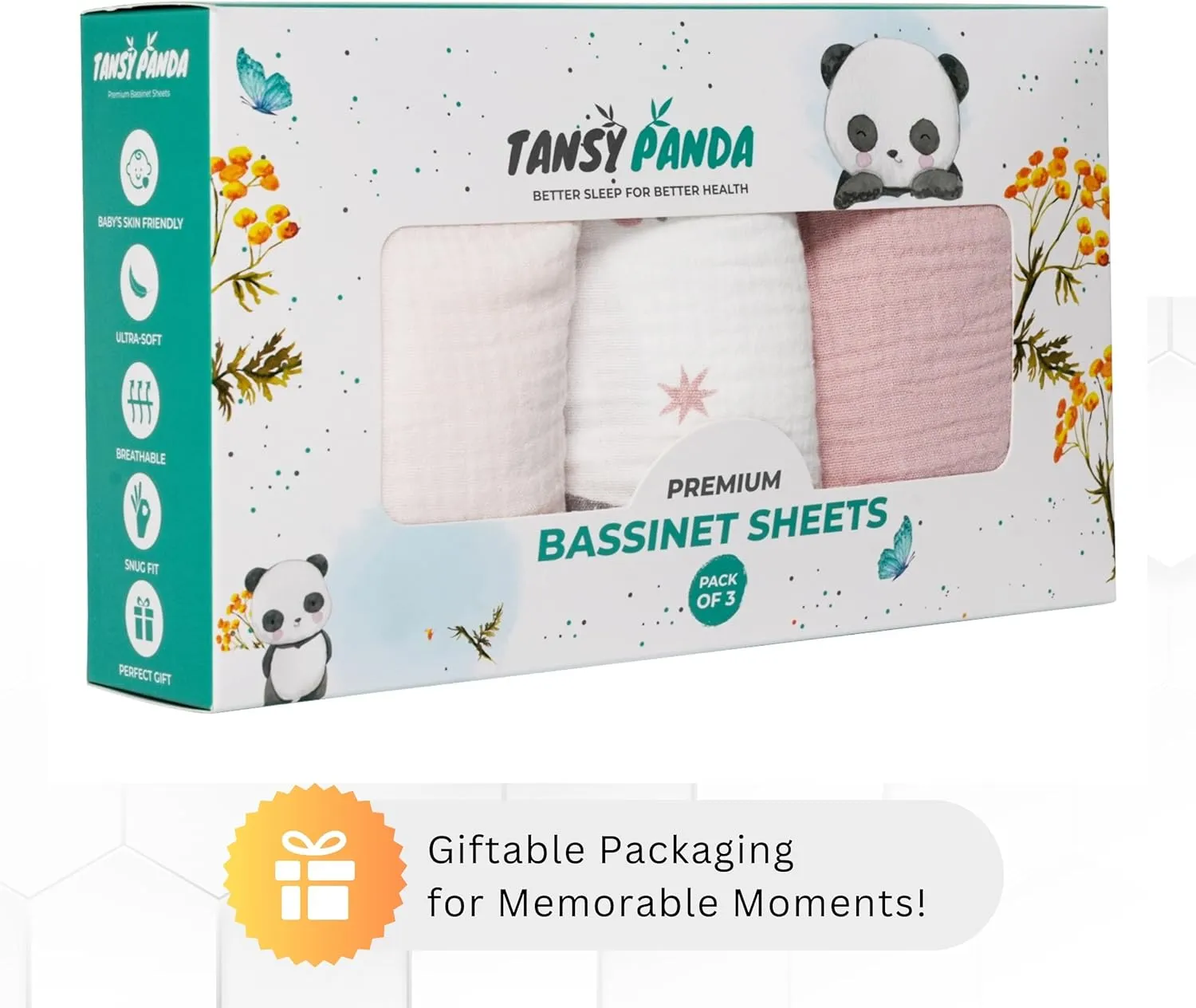 Muslin Bassinet Sheets Compatible with Chicco LullaGo, Dream On Me Skylar, Cloud Baby, Yacul Bedside Sleeper, 3 Pack, 20x32 in, Ultra Soft, Breathable, Snug Fit, Unisex Boys and Girls, Pink Rainbow
