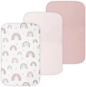 Muslin Bassinet Sheets Compatible with Chicco LullaGo, Dream On Me Skylar, Cloud Baby, Yacul Bedside Sleeper, 3 Pack, 20x32 in, Ultra Soft, Breathable, Snug Fit, Unisex Boys and Girls, Pink Rainbow