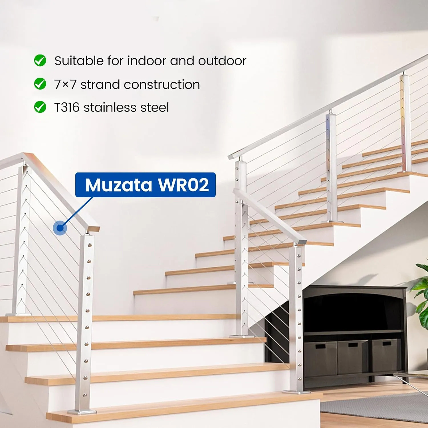 Muzata 300 ft 1/8" Stainless Steel Cable Railing System Hardware T316 Stainless Steel Wire Rope 7x7 Strands 1800 lb Breaking Strength Deck Cable Railing Kit for Indoor Outdoor Coastal WR02