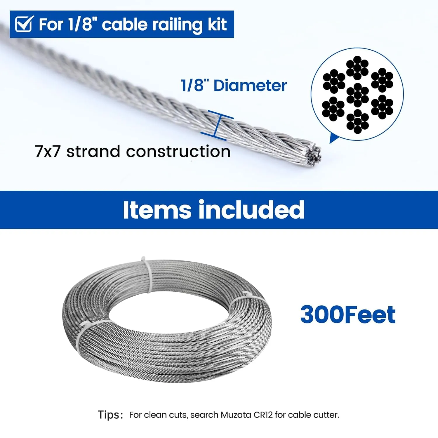 Muzata 300 ft 1/8" Stainless Steel Cable Railing System Hardware T316 Stainless Steel Wire Rope 7x7 Strands 1800 lb Breaking Strength Deck Cable Railing Kit for Indoor Outdoor Coastal WR02