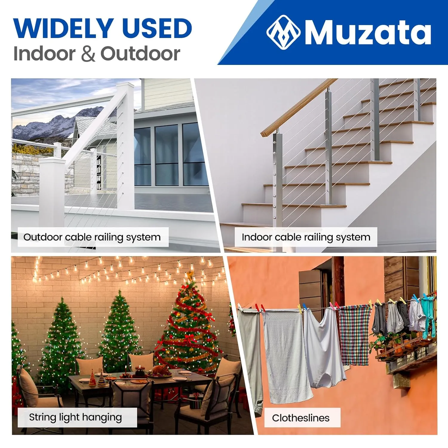 Muzata 300 ft 1/8" Stainless Steel Cable Railing System Hardware T316 Stainless Steel Wire Rope 7x7 Strands 1800 lb Breaking Strength Deck Cable Railing Kit for Indoor Outdoor Coastal WR02