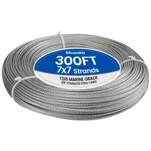 Muzata 300 ft 1/8" Stainless Steel Cable Railing System Hardware T316 Stainless Steel Wire Rope 7x7 Strands 1800 lb Breaking Strength Deck Cable Railing Kit for Indoor Outdoor Coastal WR02