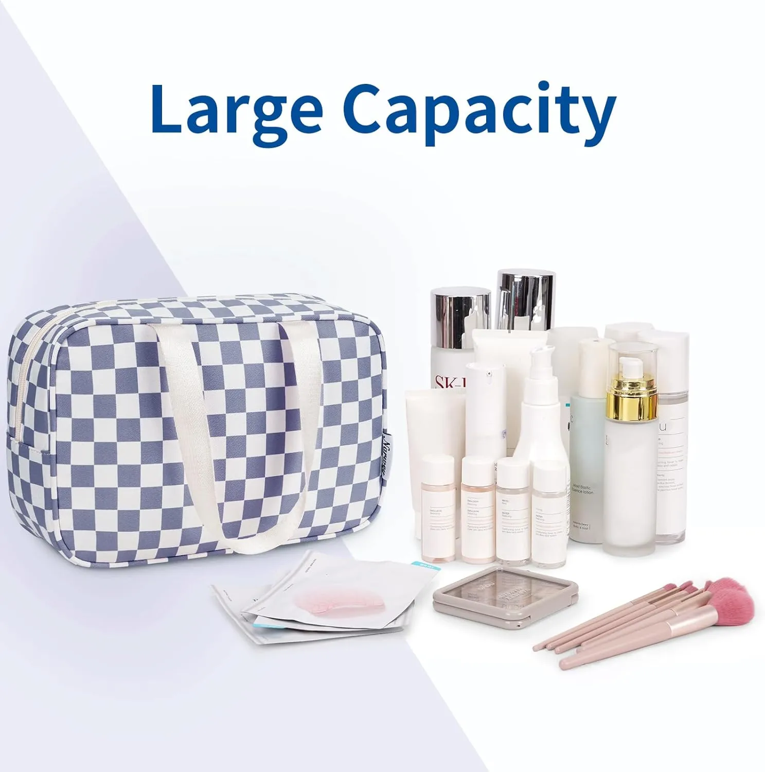 Narwey Large Toiletry Bag Women Large Cosmetic Bag Travel Makeup Bag Organizer Medicine Bag for Toiletries Essentials Accessories (Grayish Blue Checkerboard)