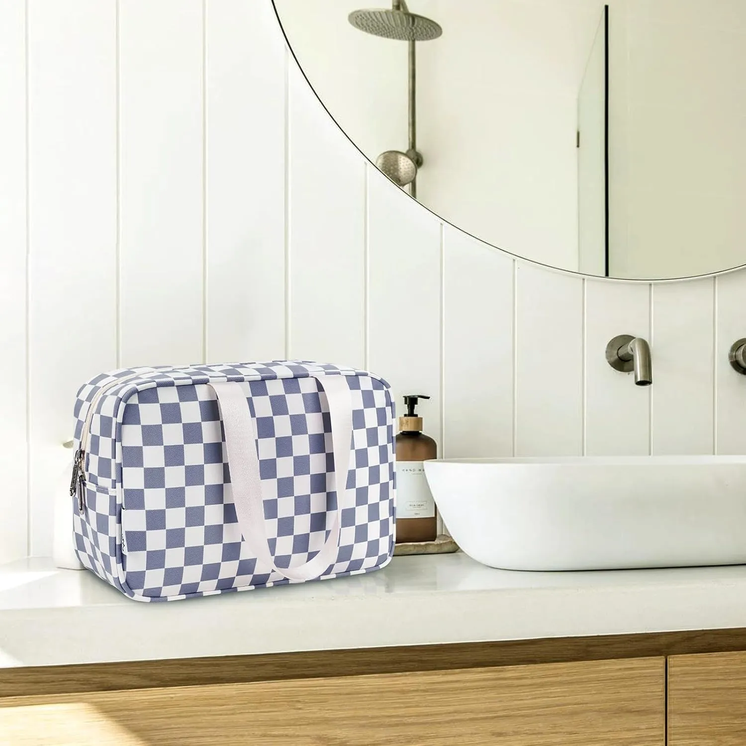 Narwey Large Toiletry Bag Women Large Cosmetic Bag Travel Makeup Bag Organizer Medicine Bag for Toiletries Essentials Accessories (Grayish Blue Checkerboard)