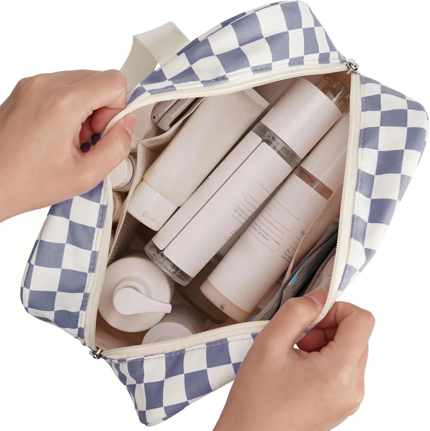 Narwey Large Toiletry Bag Women Large Cosmetic Bag Travel Makeup Bag Organizer Medicine Bag for Toiletries Essentials Accessories (Grayish Blue Checkerboard)