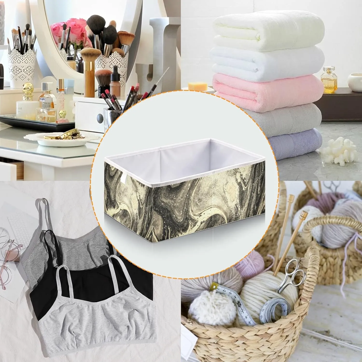Natural Luxury Gold Marble Golden Powder Oriental Art Square Foldable Cube Storage Basket Collapsible Fabric with Handles Bag Organizer Clothes for Home Bedroom 11 x 11 x 11 in