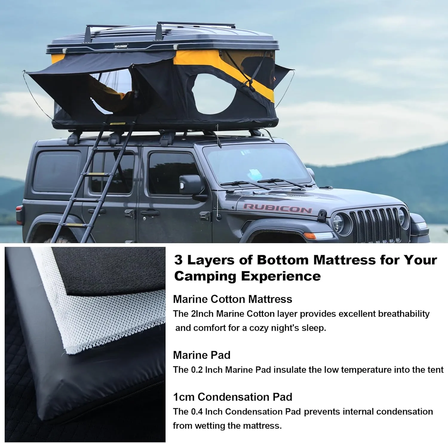 Naturnest Rooftop Tent, Rooftop Tent Hardshell, Truck Car Tents with Thick Mattress, Power Port and LED Lighting