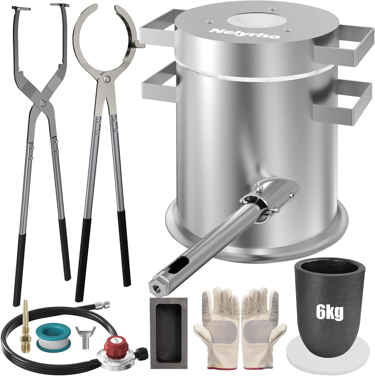 Nelyrho 6KG Propane Melting Furnace Kit with Two Crucible Tongs, Full Stainless Steel Foundry Kiln Smelting Gold Silver Copper Aluminum Metal Recycle Smelting Casting Tool