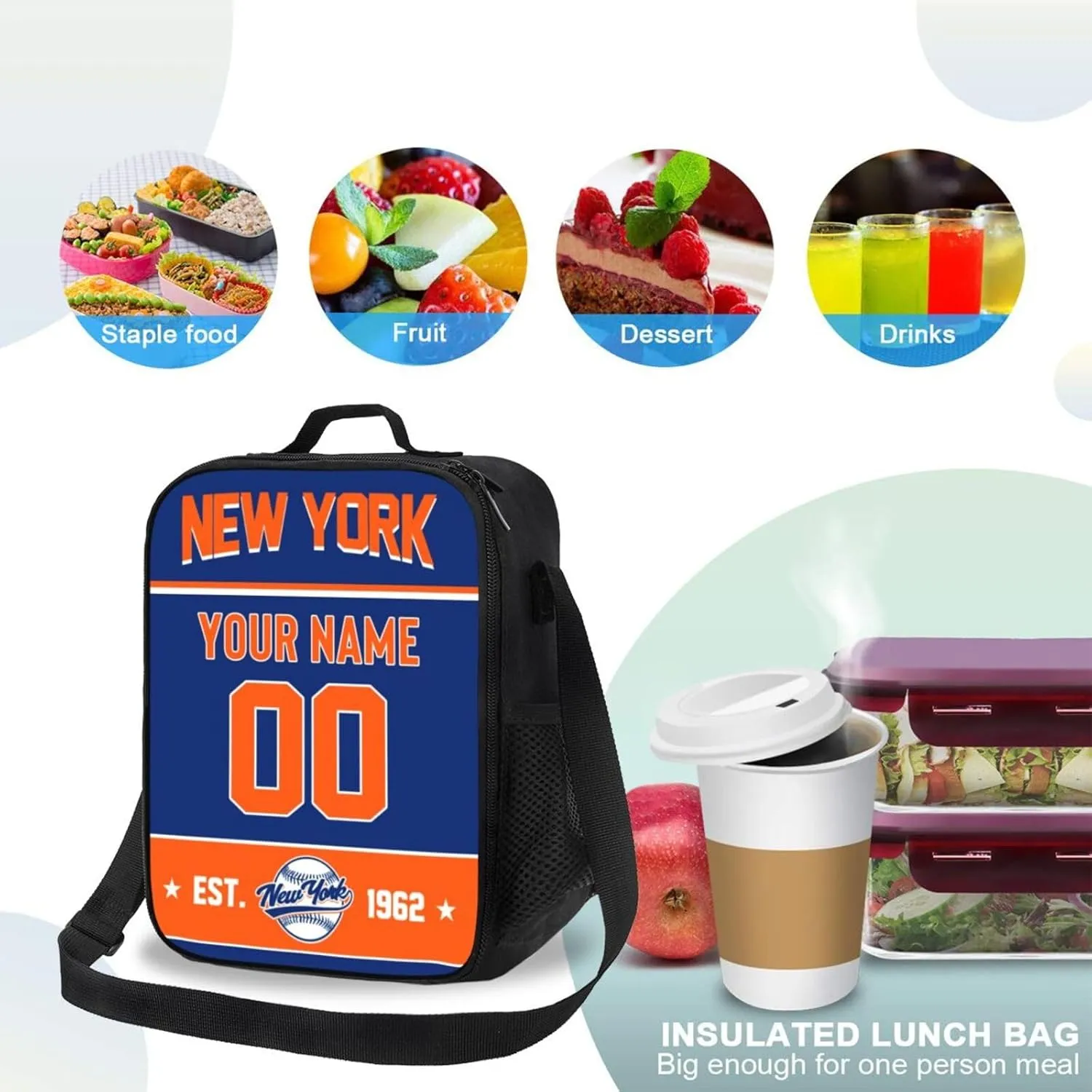 New York M Lunch Bag Lunch Box Cooler Custom Any Name and Any Number Personalized Gifts for Fans Men Women