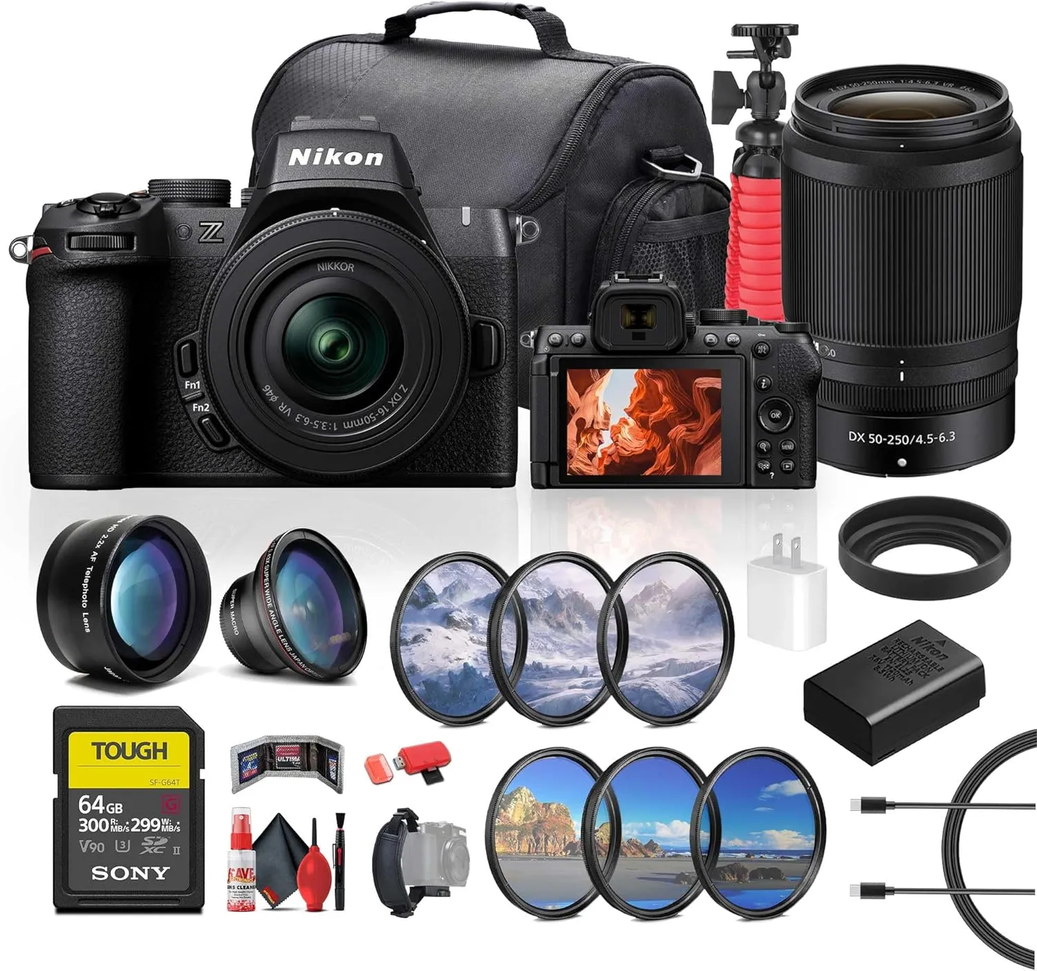 Nikon Z50 II Lightweight Mirrorless Camera with Nikon NIKKOR Z DX 16-50mm & 50-250mm Lenses (1788)   64GB Memory Card   Telephoto Lens   Camera Bag   Wide Angle Lens   More (Renewed)
