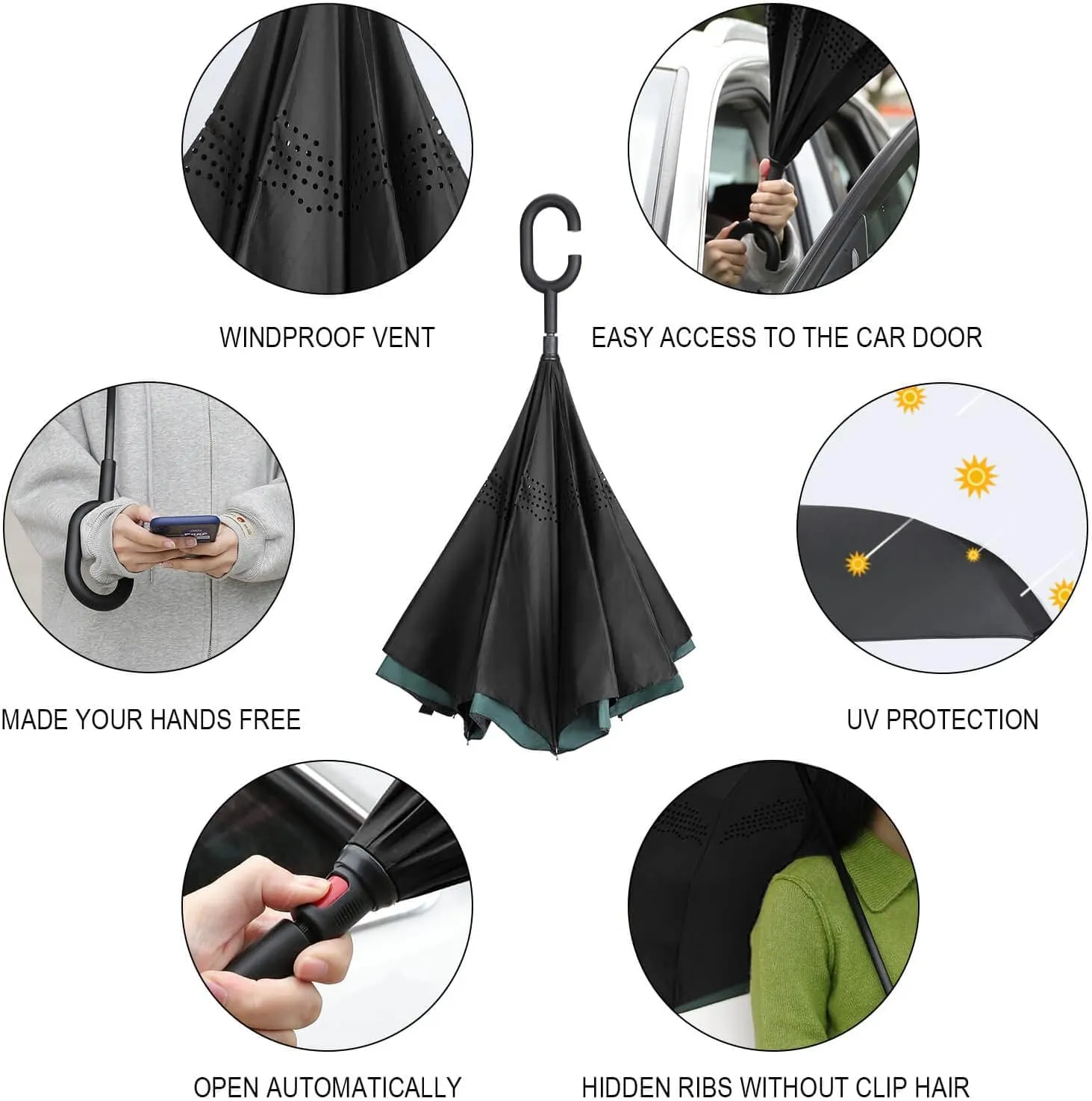 Nugier Auto Large Inverted Rain Umbrella, Sun Protect UV Winds Rain Compact Parasol Automatic Open/Close Reverse Car Umbrella