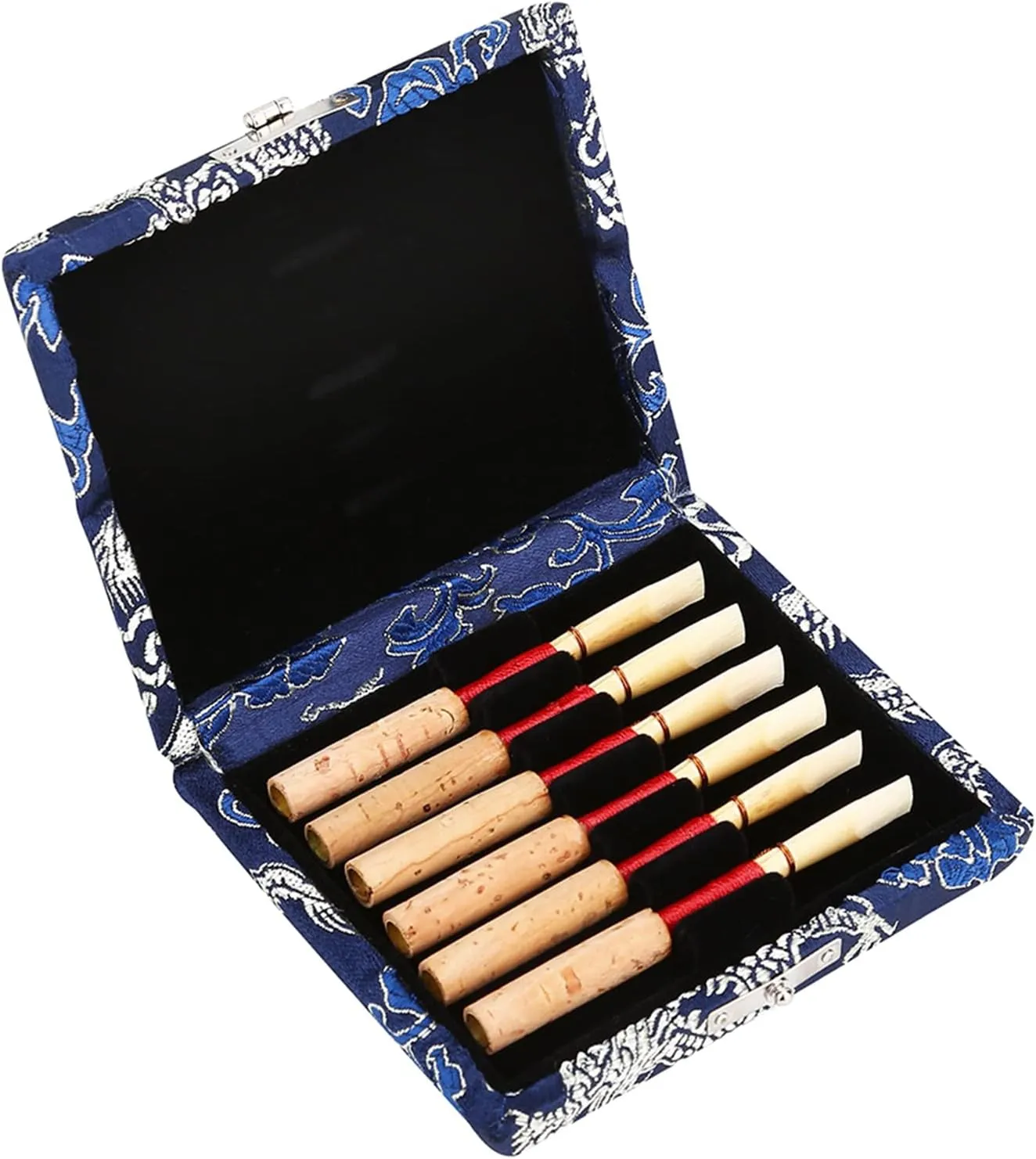 Oboe Case, Wooden Silk Cloth Cover Oboe Storage Holder Box Clarinet Case Protector Bag for 6pcs Oboe Reeds (Blue)