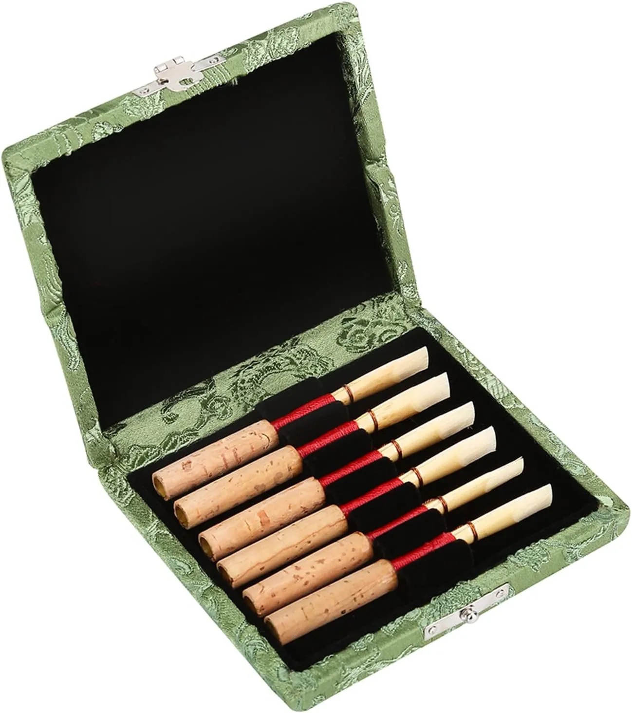 Oboe Case, Wooden Silk Cloth Cover Oboe Storage Holder Box Clarinet Case Protector Bag for 6pcs Oboe Reeds (Green)