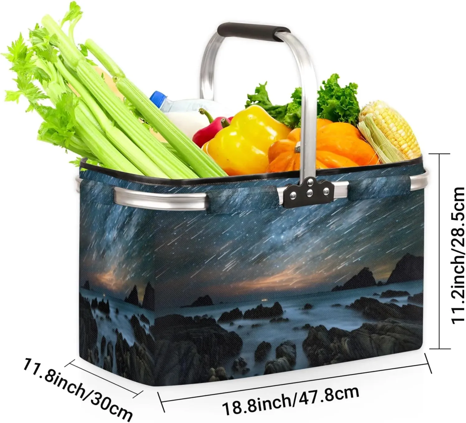 Ocean Landscape Meteor Shower Collapsible Shopping Basket Reusable Grocery Bag Large Leakproof Storage Bins Practical Inner Portable Market Basket with Handles Aluminum Frame for Picnic Travel 40 L