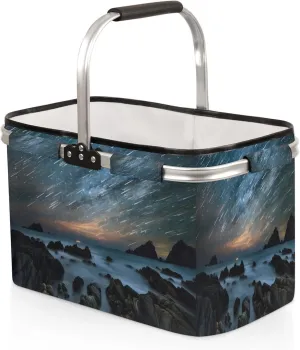 Ocean Landscape Meteor Shower Collapsible Shopping Basket Reusable Grocery Bag Large Leakproof Storage Bins Practical Inner Portable Market Basket with Handles Aluminum Frame for Picnic Travel 40 L