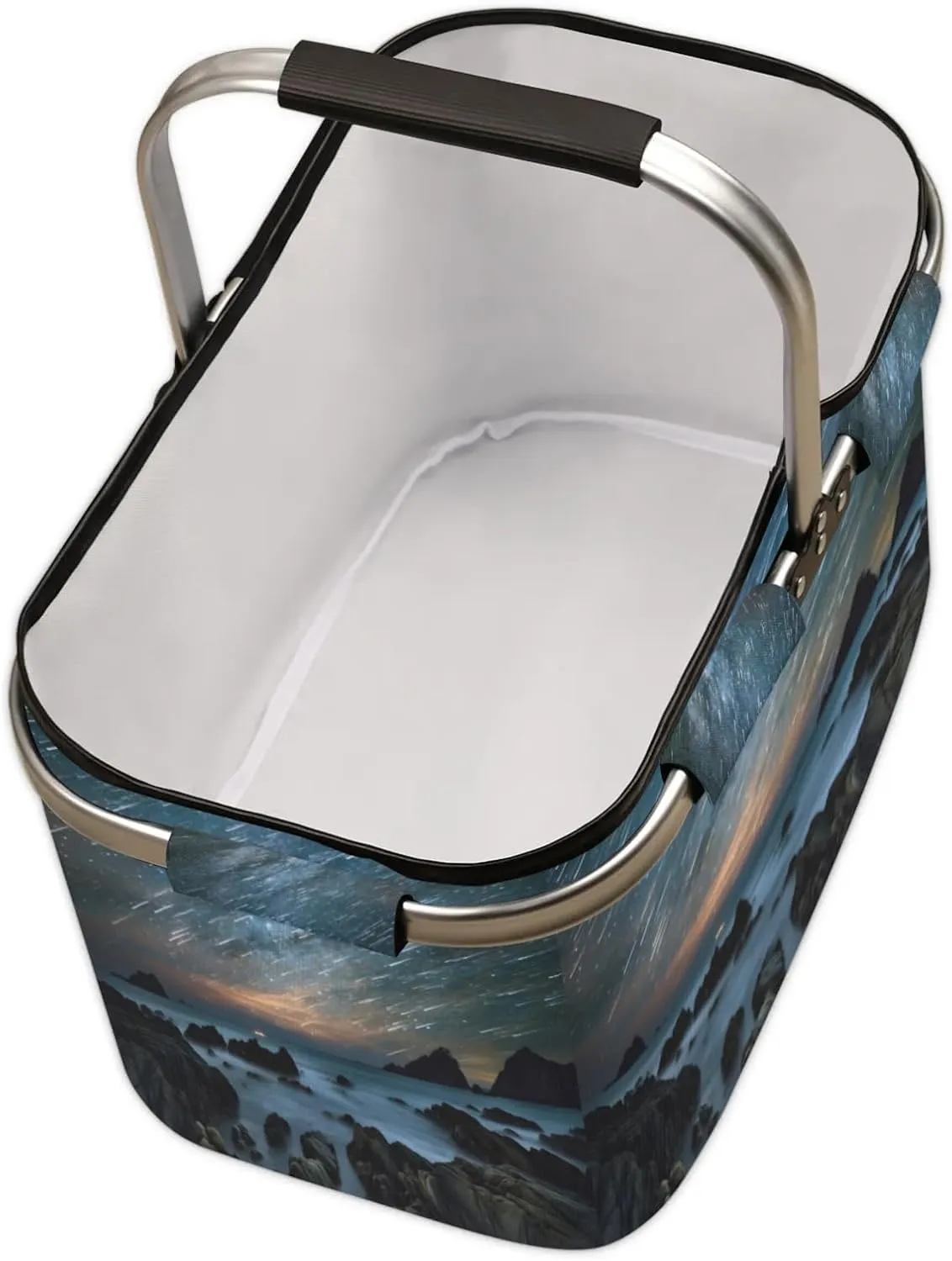 Ocean Landscape Meteor Shower Collapsible Shopping Basket Reusable Grocery Bag Large Leakproof Storage Bins Practical Inner Portable Market Basket with Handles Aluminum Frame for Picnic Travel 40 L