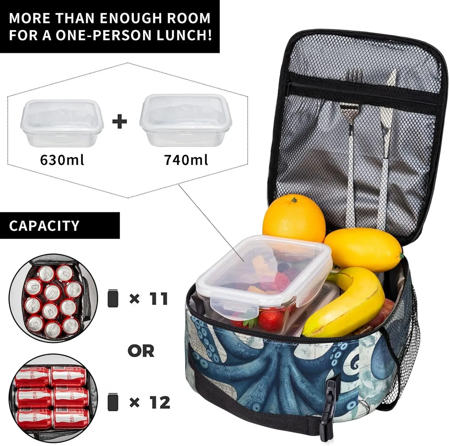 Octopus Lunch Box for Adults Women Girls Boys Kids Nautical Coastal Lunch Box Insulated Cooler Reusable Lunch Bag Container Gifts for Work Office Picnic Travel School