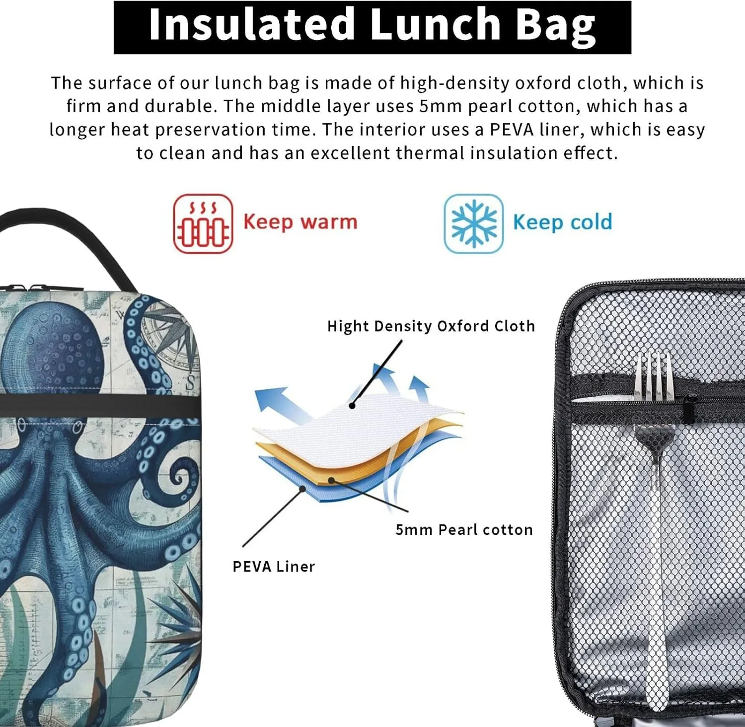 Octopus Lunch Box for Adults Women Girls Boys Kids Nautical Coastal Lunch Box Insulated Cooler Reusable Lunch Bag Container Gifts for Work Office Picnic Travel School