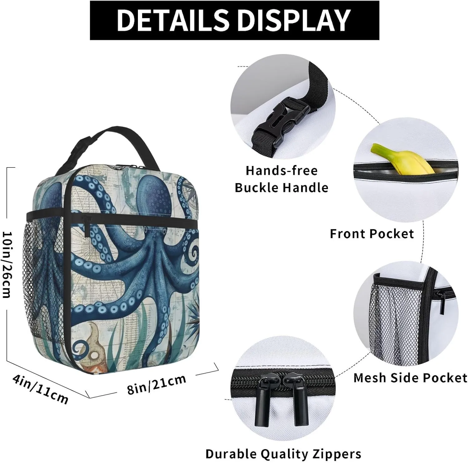 Octopus Lunch Box for Adults Women Girls Boys Kids Nautical Coastal Lunch Box Insulated Cooler Reusable Lunch Bag Container Gifts for Work Office Picnic Travel School
