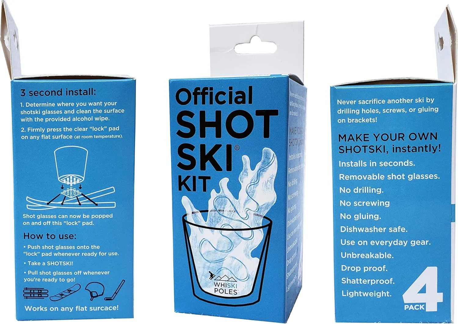 Official SHOTSKI Kit - Instantly turn your everyday gear into a shot ski! Removable, shatterproof shot glasses, installs in seconds, no tools required! Apres Ski Gift (4)