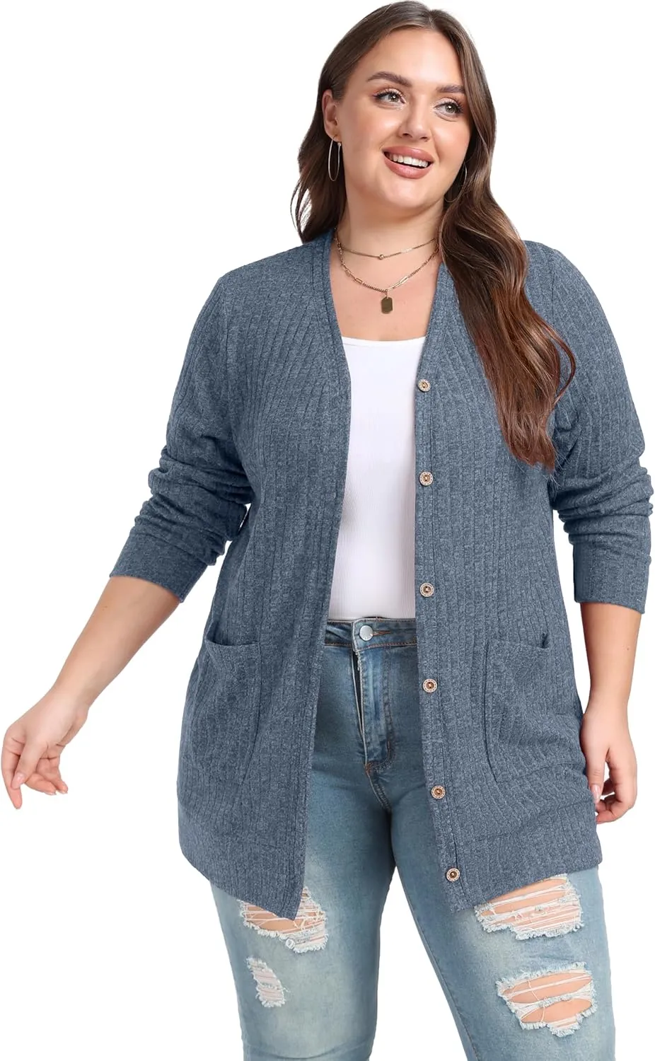 OLRIK Plus Size Sweater for Women Lightweight Long Sleeve Buttons Down Cardigans Casual Jacket Coat with Pockets
