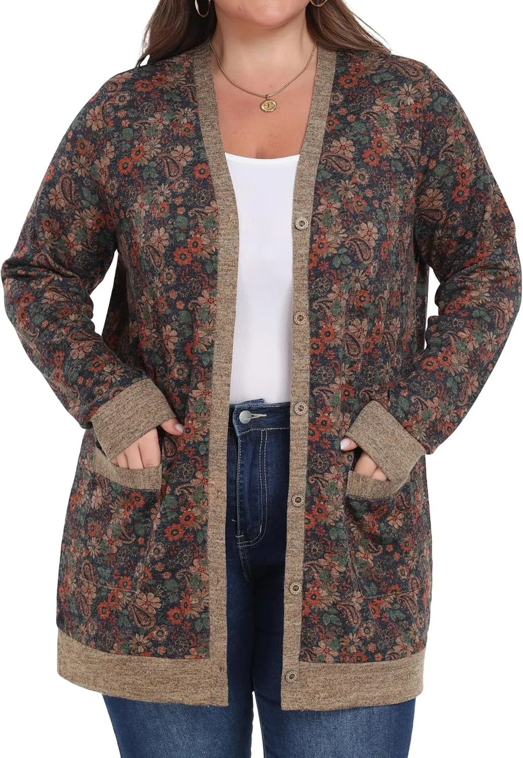 OLRIK Plus Size Sweater for Women Lightweight Long Sleeve Buttons Down Cardigans Casual Jacket Coat with Pockets