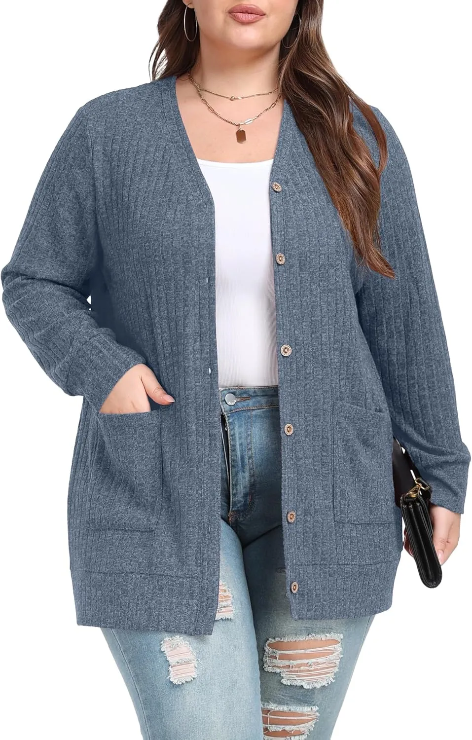 OLRIK Plus Size Sweater for Women Lightweight Long Sleeve Buttons Down Cardigans Casual Jacket Coat with Pockets