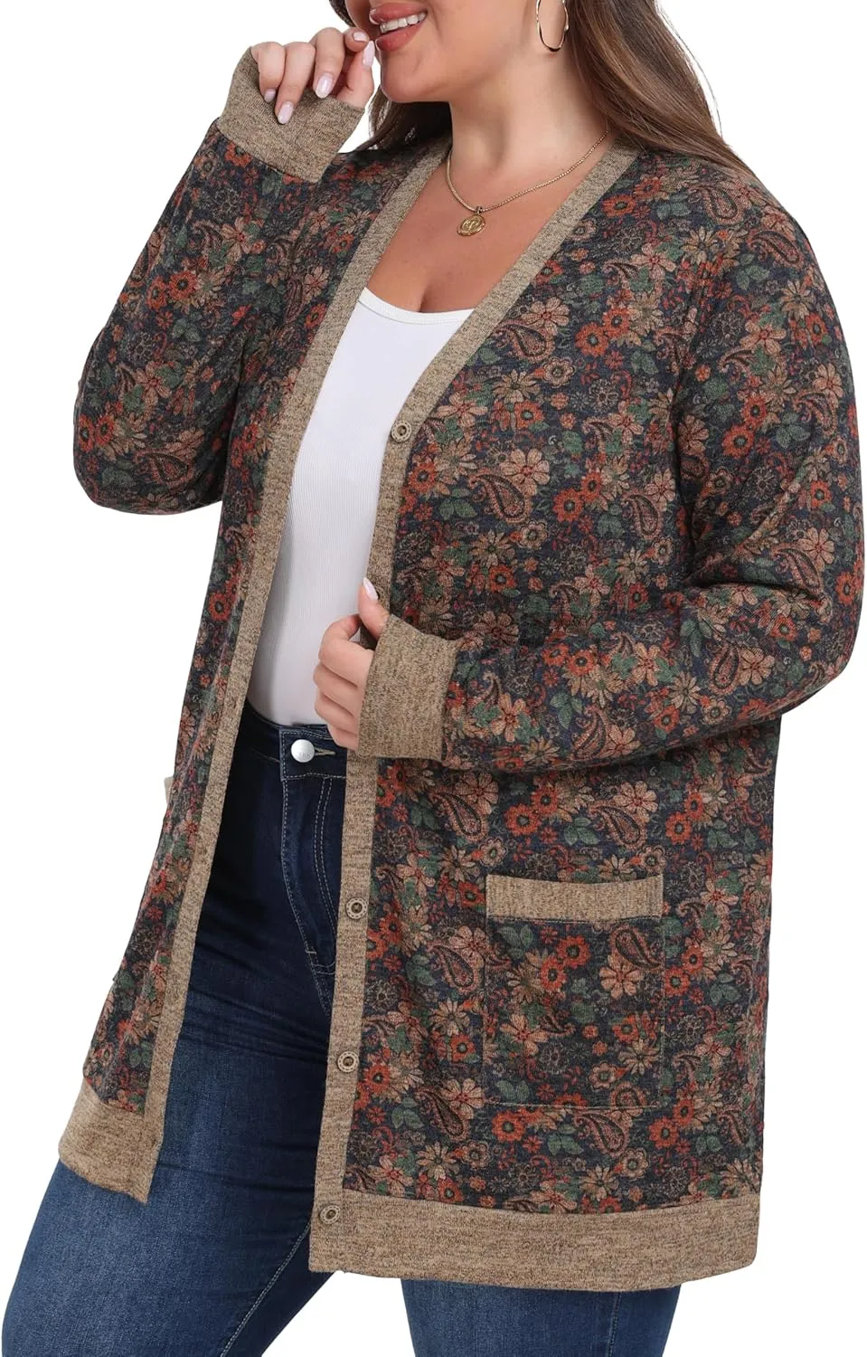OLRIK Plus Size Sweater for Women Lightweight Long Sleeve Buttons Down Cardigans Casual Jacket Coat with Pockets