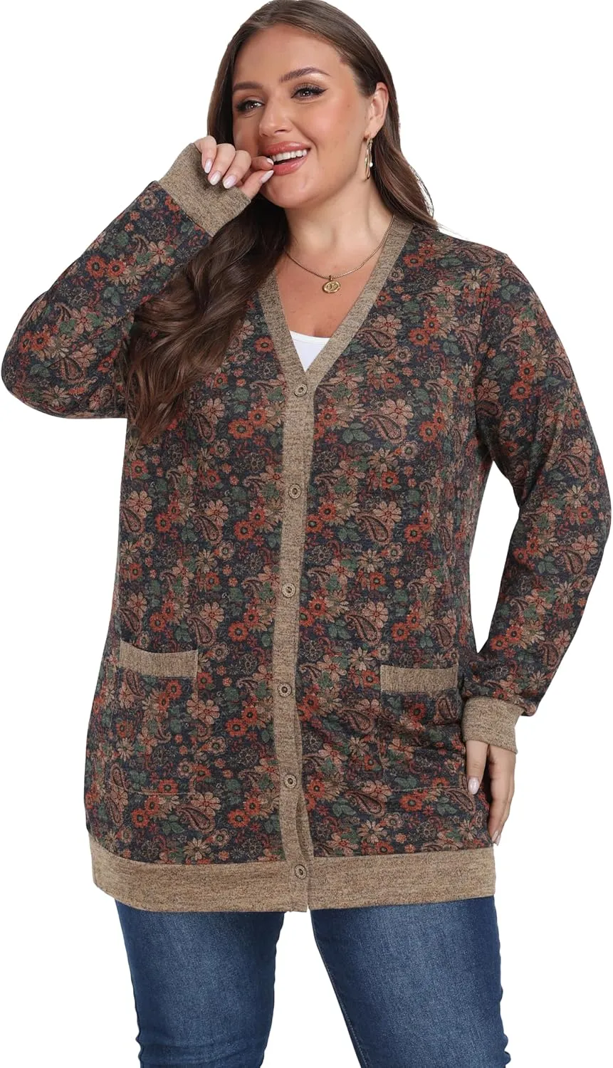 OLRIK Plus Size Sweater for Women Lightweight Long Sleeve Buttons Down Cardigans Casual Jacket Coat with Pockets