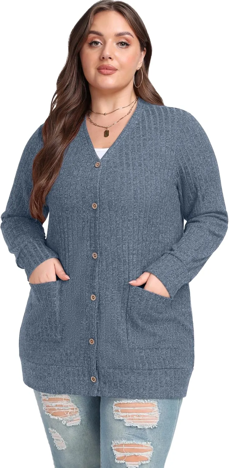 OLRIK Plus Size Sweater for Women Lightweight Long Sleeve Buttons Down Cardigans Casual Jacket Coat with Pockets