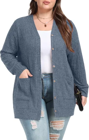 OLRIK Plus Size Sweater for Women Lightweight Long Sleeve Buttons Down Cardigans Casual Jacket Coat with Pockets