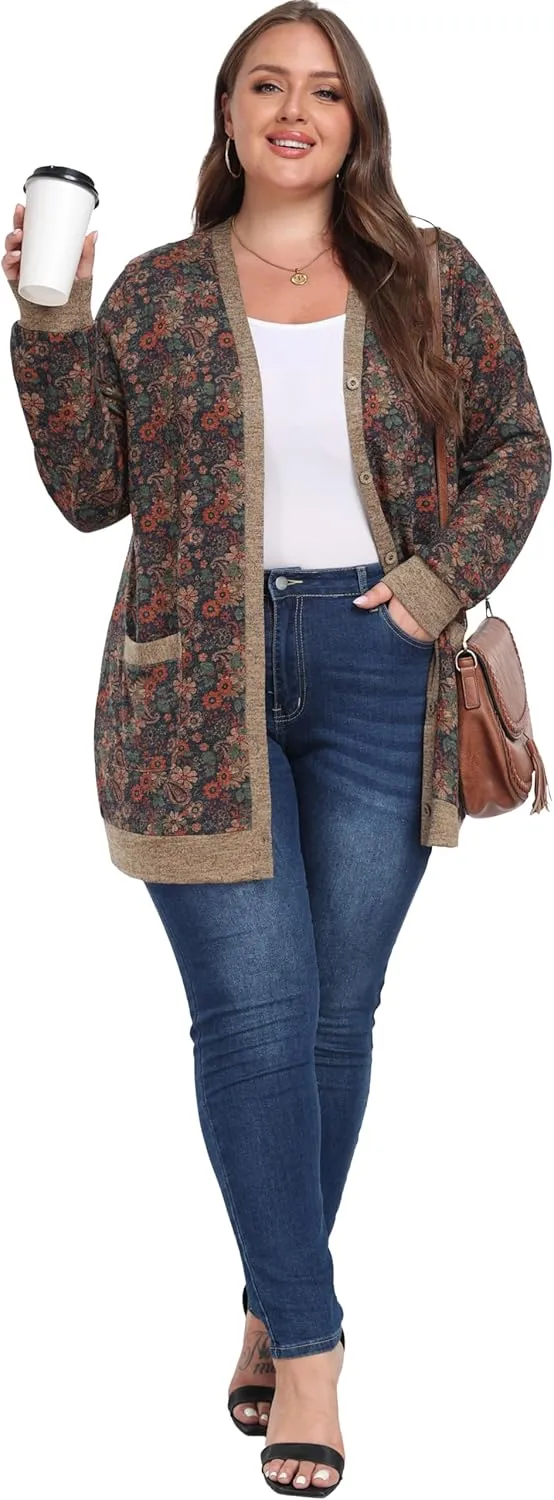 OLRIK Plus Size Sweater for Women Lightweight Long Sleeve Buttons Down Cardigans Casual Jacket Coat with Pockets