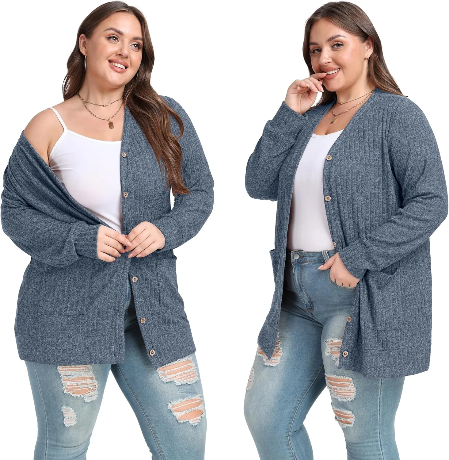 OLRIK Plus Size Sweater for Women Lightweight Long Sleeve Buttons Down Cardigans Casual Jacket Coat with Pockets