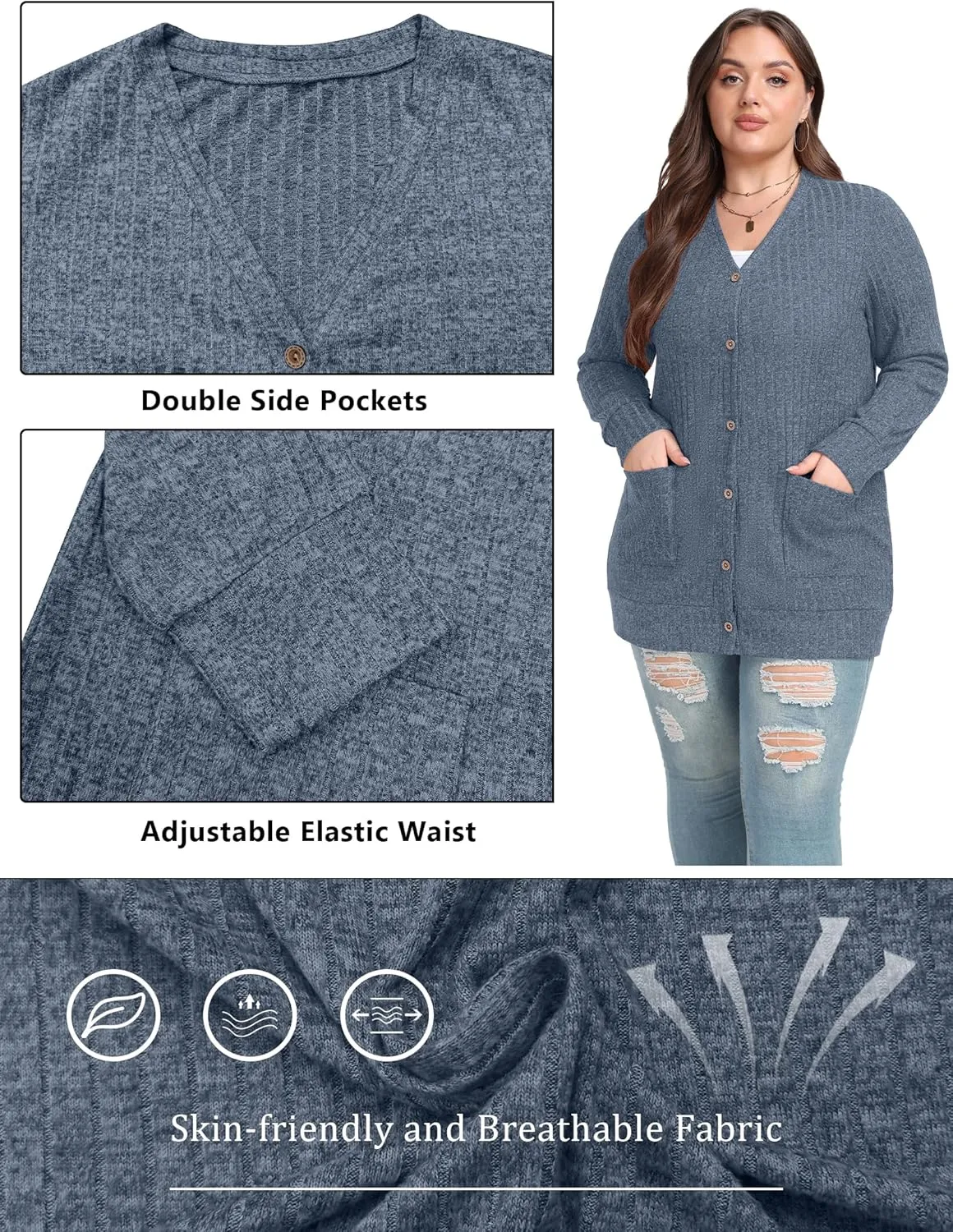 OLRIK Plus Size Sweater for Women Lightweight Long Sleeve Buttons Down Cardigans Casual Jacket Coat with Pockets