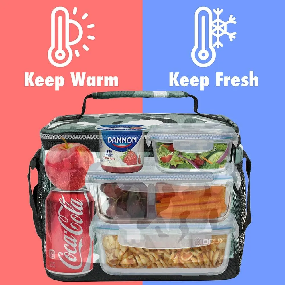 opux Insulated Lunch Box Men Women, Lunch Bag for Work School, Leakproof Soft Cooler Tote Adult, Large Lunch Pail Kids Boys Girls, Picnic Beach Food Bag with Shoulder Strap, Camo Green