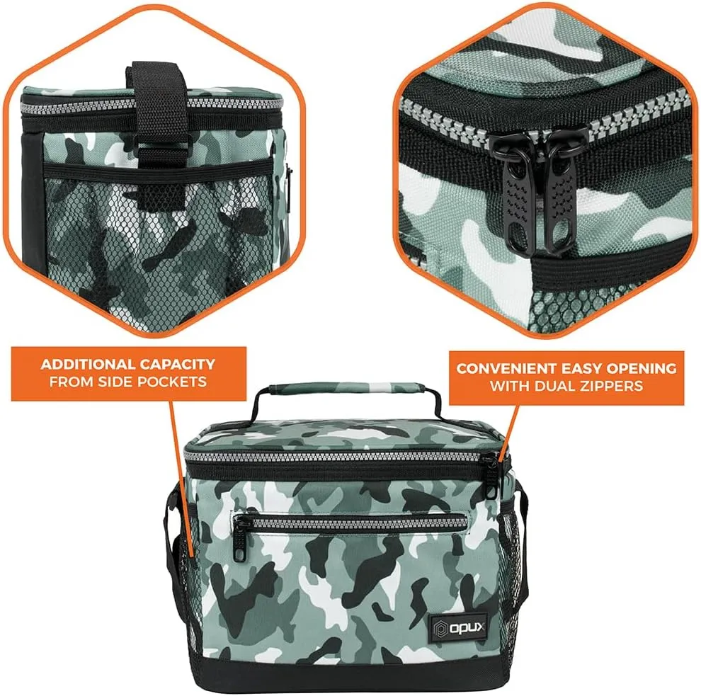 opux Insulated Lunch Box Men Women, Lunch Bag for Work School, Leakproof Soft Cooler Tote Adult, Large Lunch Pail Kids Boys Girls, Picnic Beach Food Bag with Shoulder Strap, Camo Green