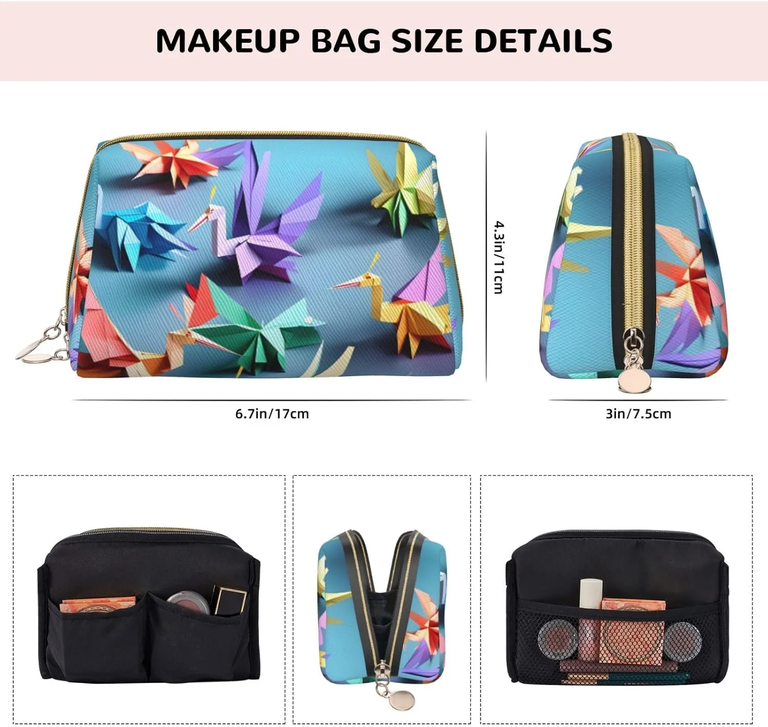 Origami Multicolor Papercraft Cranes Leather Toiletry Travel Bag, Compact Makeup Organizer For Women