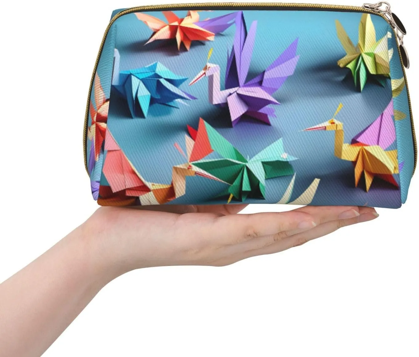 Origami Multicolor Papercraft Cranes Leather Toiletry Travel Bag, Compact Makeup Organizer For Women