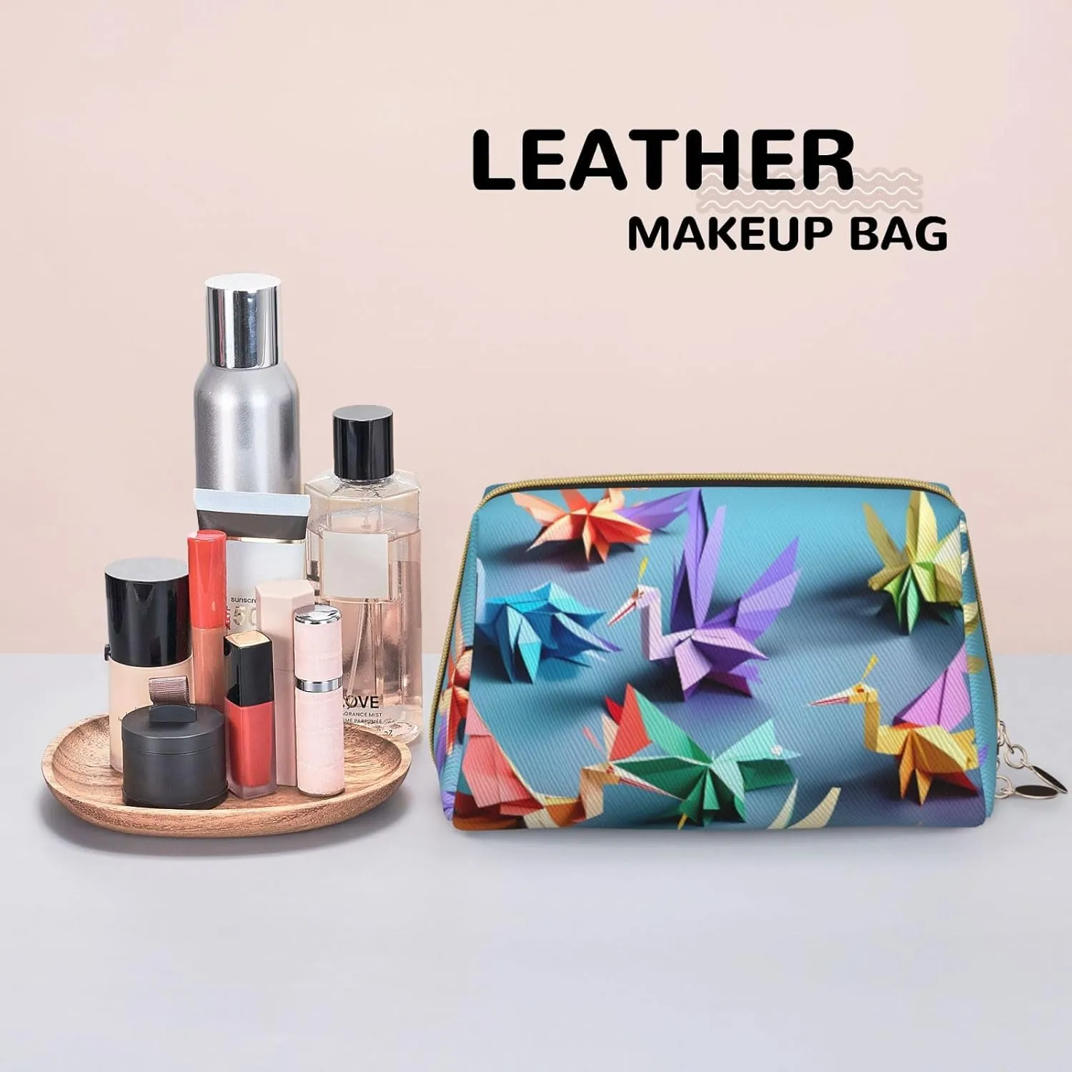 Origami Multicolor Papercraft Cranes Leather Toiletry Travel Bag, Compact Makeup Organizer For Women