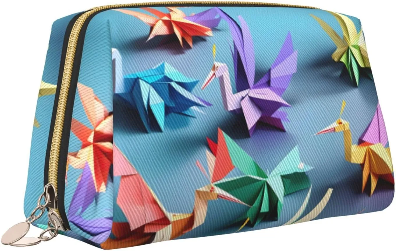 Origami Multicolor Papercraft Cranes Leather Toiletry Travel Bag, Compact Makeup Organizer For Women