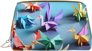 Origami Multicolor Papercraft Cranes Leather Toiletry Travel Bag, Compact Makeup Organizer For Women