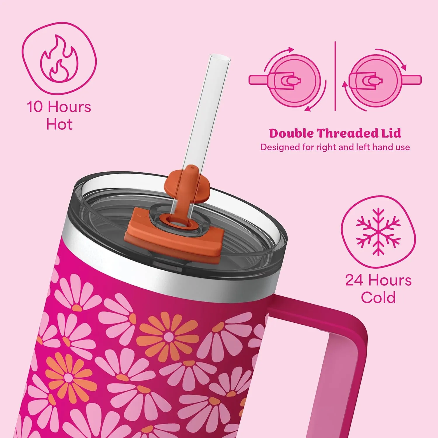 Ottle Deep Sea Diver 40 oz Insulated Tumbler with Handle and Straw Lid - Leak Proof, Cupholder Friendly Travel Mug - Stainless Steel Double Wall Water Bottle for Hot and Cold Drinks - Petal Plethora