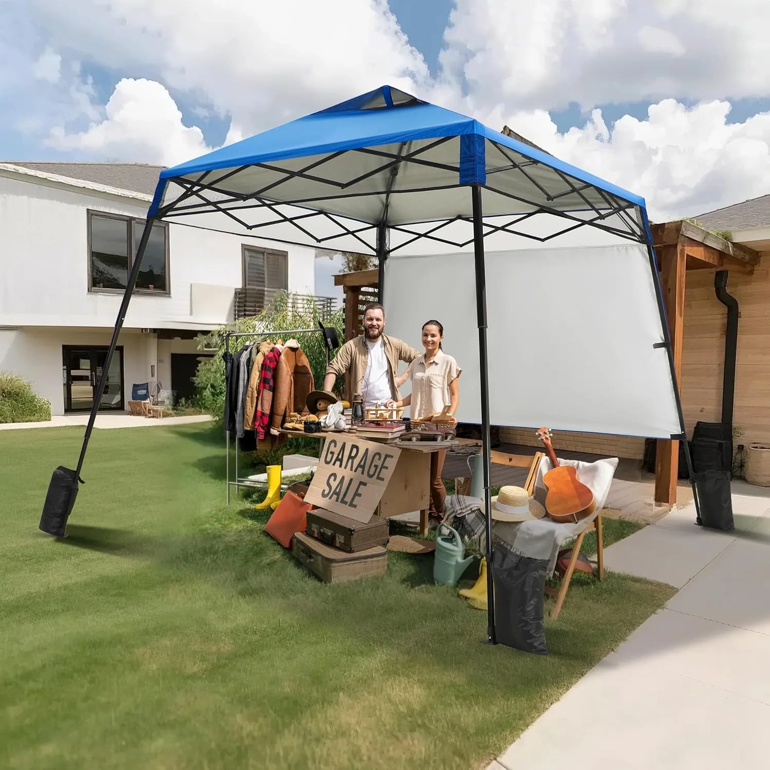 Outdoor 8x8 Pop Up Canopy Tent with Sidewall, Instant Sun Shelter with One Push Setup, Easy Up Canopy with Vented Top, Portable Beach Tent Sun Shelter for Beach, Camping, 8x8 Base 6x6 Top, Blue