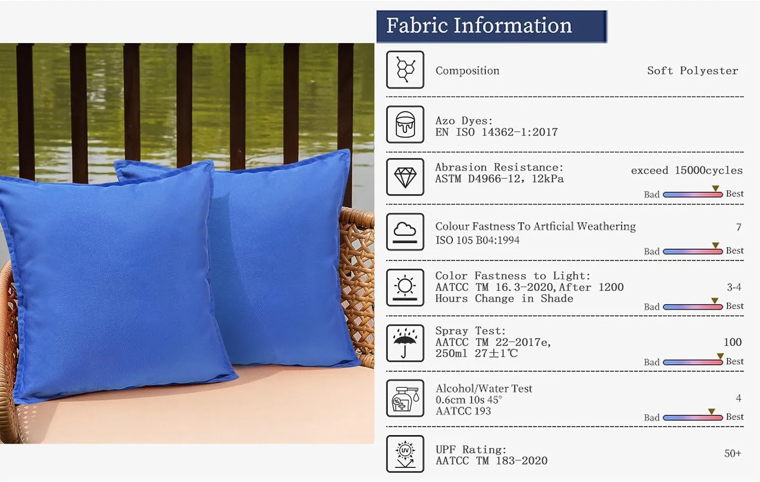 Outdoor Waterproof Pillow Covers 18x18 Set of 2 Sunbrella Decorative Square Solid Couch Pillow Covers with Wide Edge for Patio Tent Sofa Bed Living Room, Blue