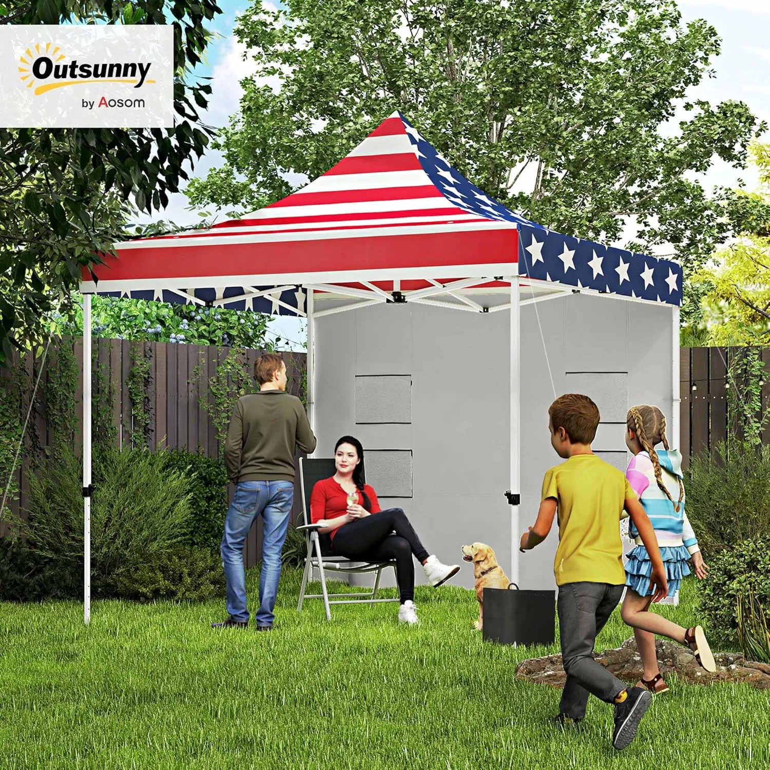 Outsunny 10' x 10' Heavy Duty Pop Up Canopy Tent with Sidewall, UPF50  Instant Sun Shelter with Storage Pockets, Height Adjustable, with Wheeled Bag, Sand Bags for Outdoor, Patio, American Flag Print